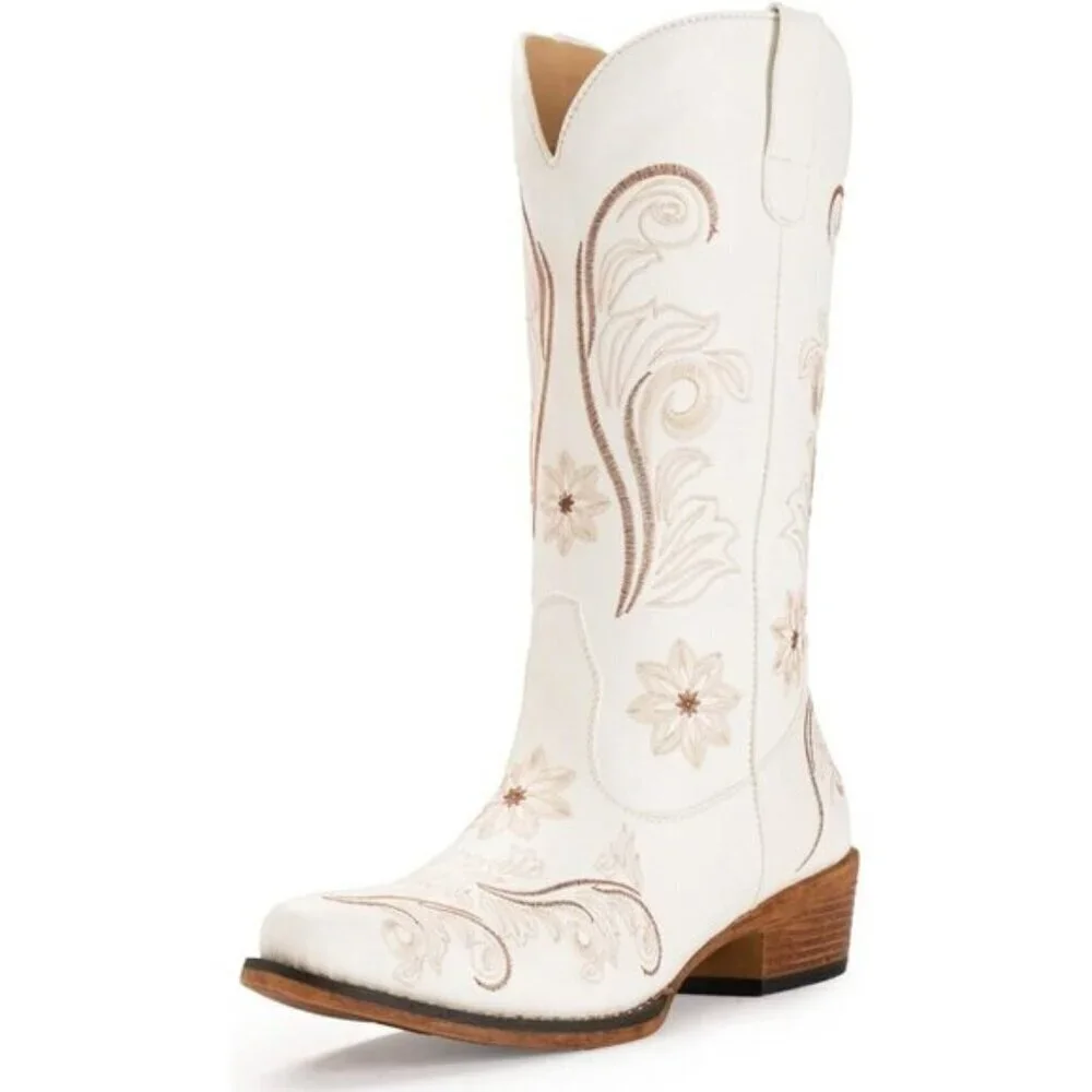 ⭐ IUV Women's Embroidered Cowboy Boots - Mid Calf Western Snip Toe Cowgirl Boots